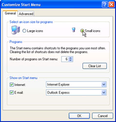 Windows XP Customize Start Menu dialog box