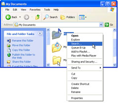 An example of the Windows XP Search command on Shortcut menu