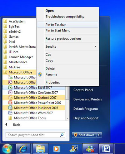 Pinning a program to the Start menu in Windows 7