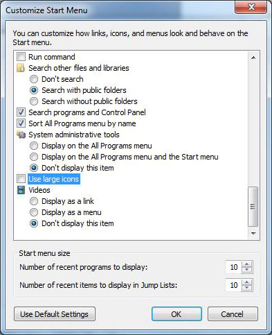 An example of the Windows 7 Start Menu dialog box